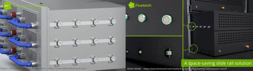 The application of Fivetech spring locks (left) & press-in rollers (right) on server racks