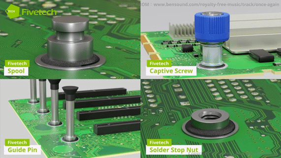 The application of Fivetech SMT series spool, captive screw, guide pin, and solder stop nut on a motherboard