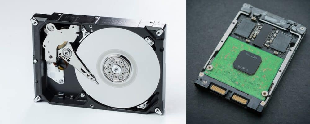 A close-up of a Hard Disk Drive, HDD (left) and a Solid State Drive, SSD (right)