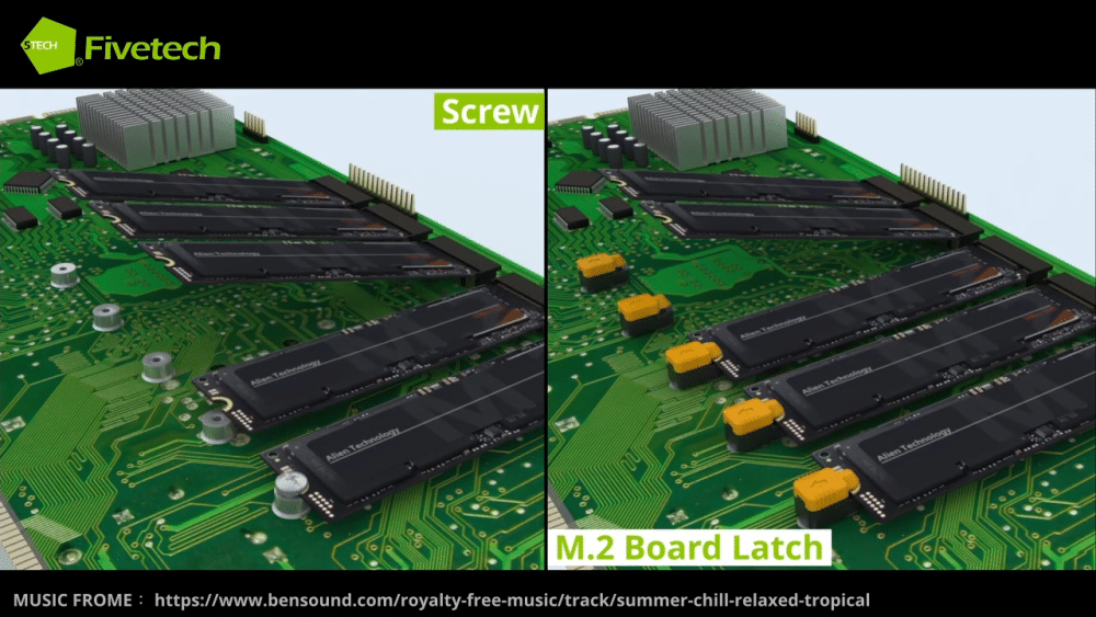 The comparison of installing M.2 cards with conventional screws vs Fivetech M.2 board latch