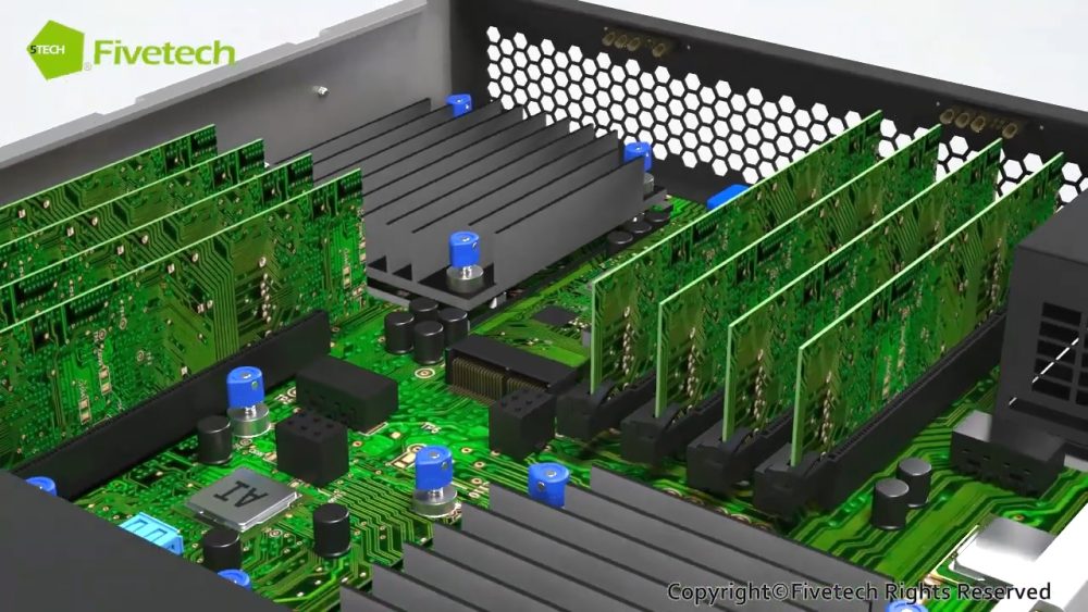 A close-up image of multiple RAM assembled within a server.