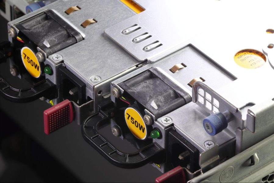 A close-up image of a Power Supply Unit (PSU) installed within a server.