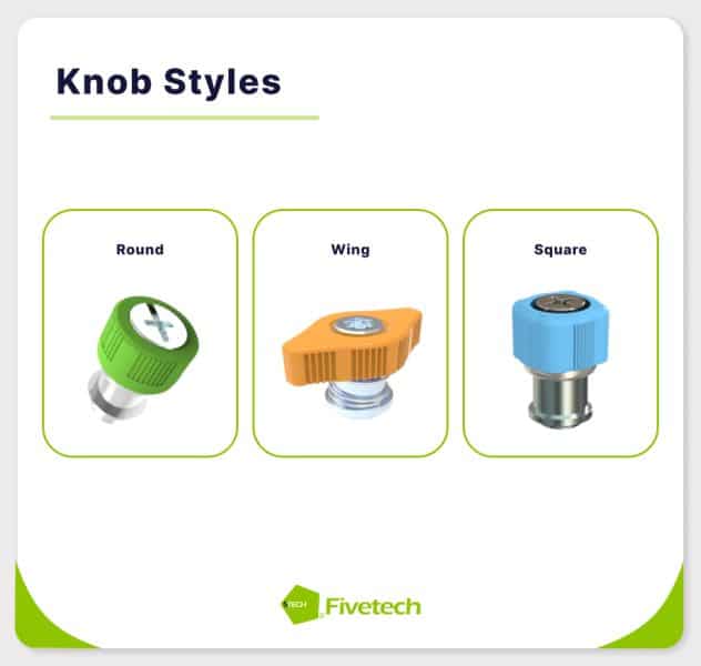 Fivetech captive screw knob style options: round knobs, wing knobs, and square knobs