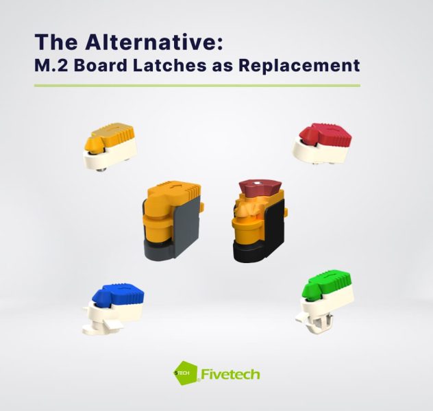 M.2 board latches are M.2 screw alternatives that offer a tool-less installation process, eliminating the damage from overtightening towards M.2 SSDs or motherboards.